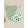 thumbnail image 5 of FEORJGP Infant Girl Irish Festivals Outfits Newborn Short Sleeve Romper Round Neck Jumpsuit Letter Print Bodysuit with Shamrock Shorts and Bow Headband Kids Cute Casual Summer Clothes, 5 of 8
