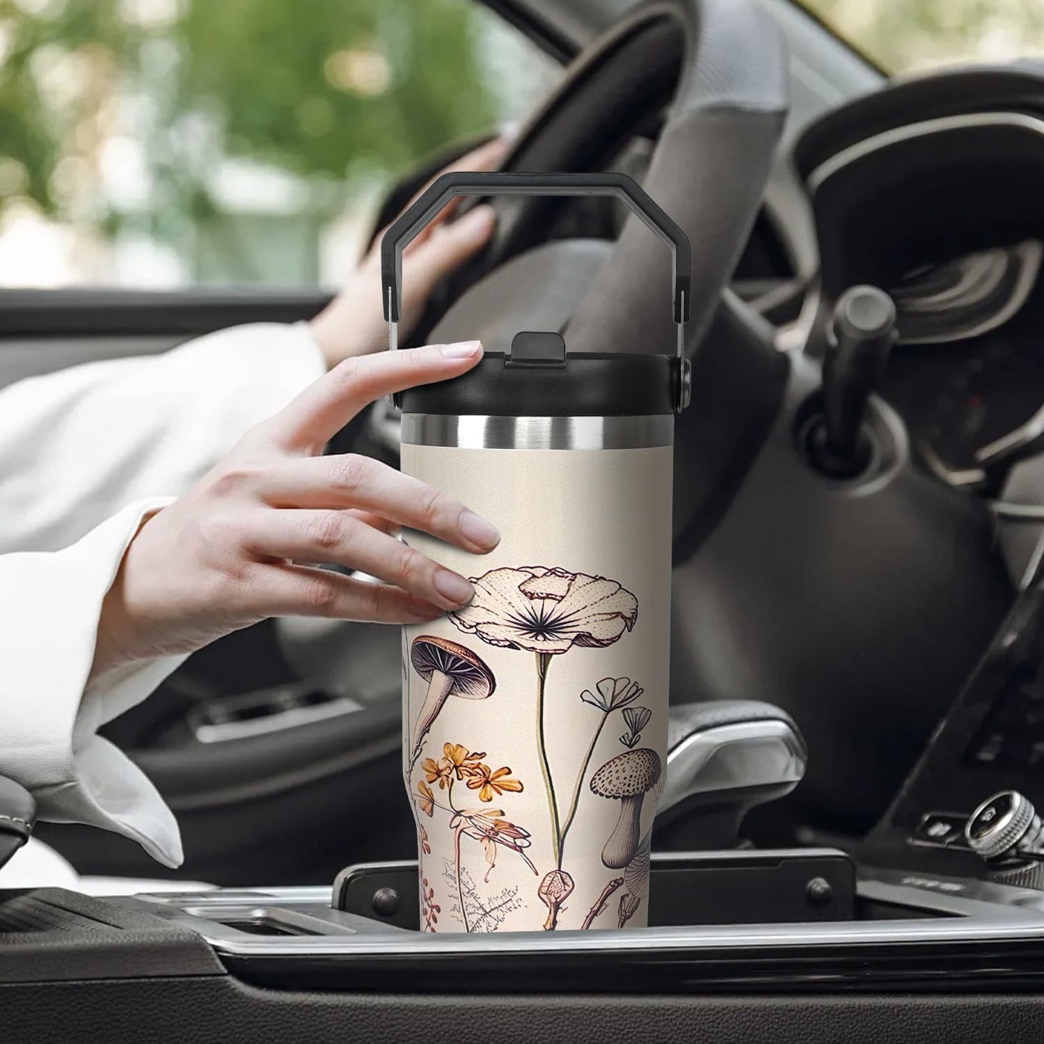 30 oz Black Bottle Spill Proof Mushroom Tumbler with Top Handle and Straw Lid Stainless Steel Double Wall Insulated Tumbler Coffee Mug Gift for Women Men Travel Cup for Car (Plant)