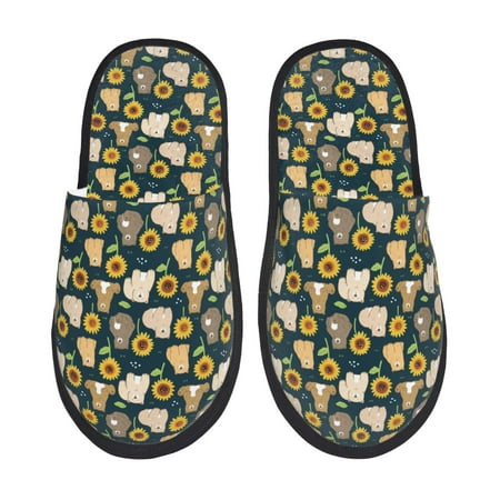 Balery Bear Sunflower Slient Indoor Furry Fleece Comfort House Shoes Soft Non-Slip Home Shoes Cotton slippers House Slippers-- Large