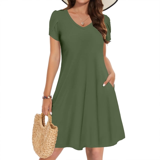Admvng Robe pour Femmes Été 2025 à Manches, Design en Gousse, Robe de Couleur Unie à Col en V avec Poche P-2TG