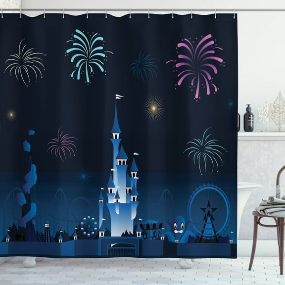 Magic Shower Curtain, Simplistic Amusement Park Silhouette Kids Magic Castle Cartoon, Fabric Bathroom Set with Hooks, 69W X 84L Inches Extra Long, Night Blue Persian Blue and Pink, by Ambesonne