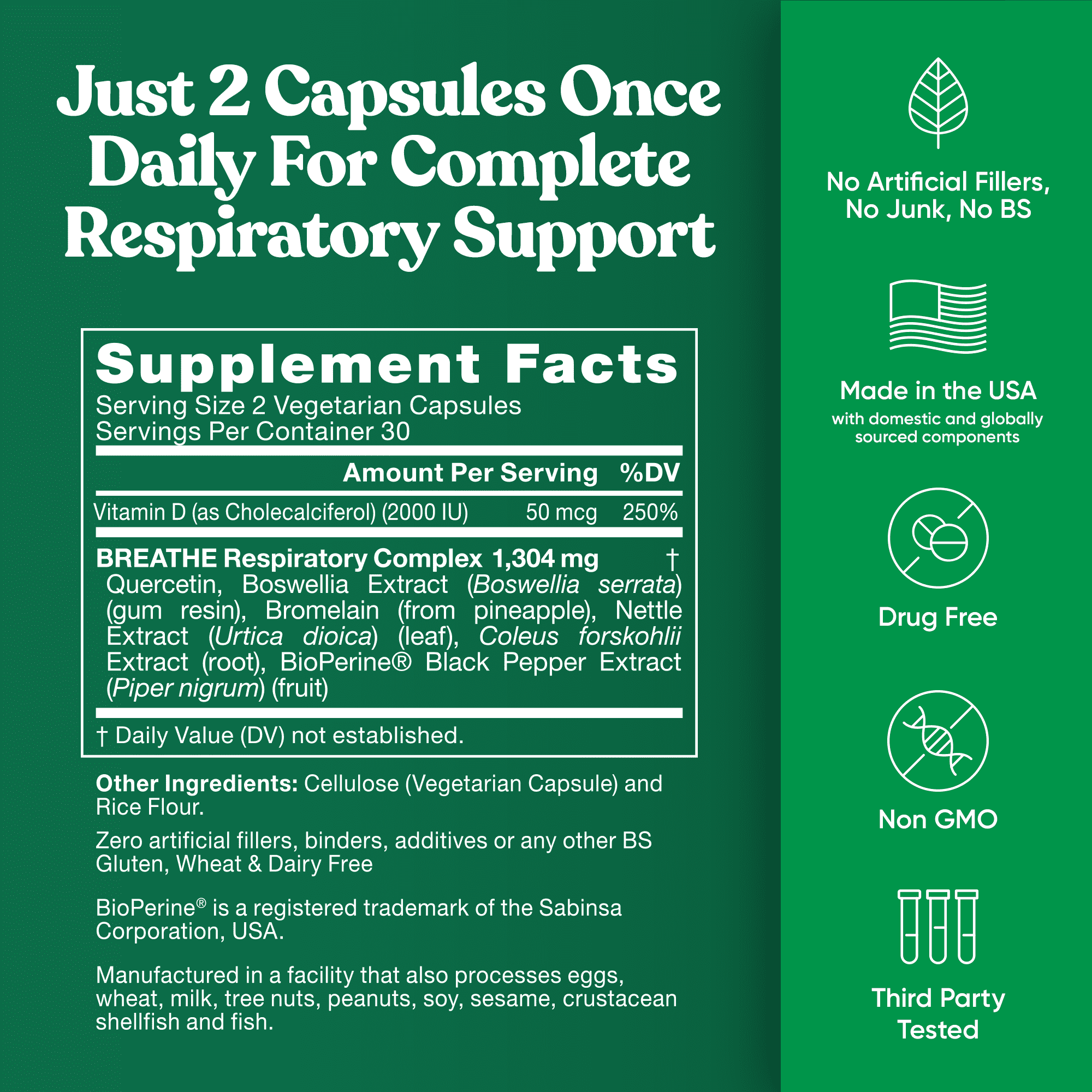 Eu Natural Breathe Inhaler Support Supplement Sinus, Lungs, Quercetin, Vitamin D, Bromelain 60 Vegetarian Soft Capsules