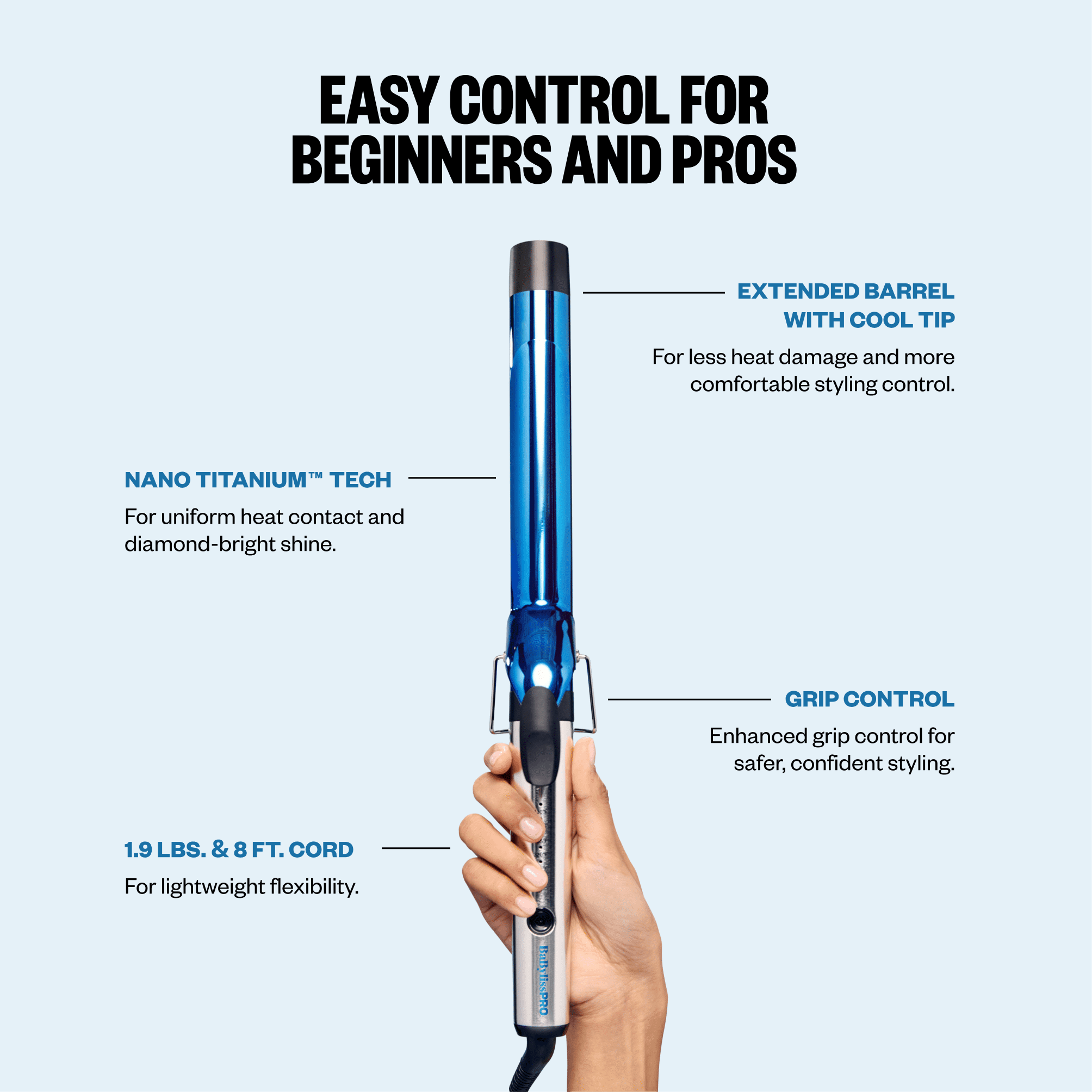 BaBylissPRO Nano Titanium 1 1/4" Extended Barrel Curling Iron, Blue, 1 Count
