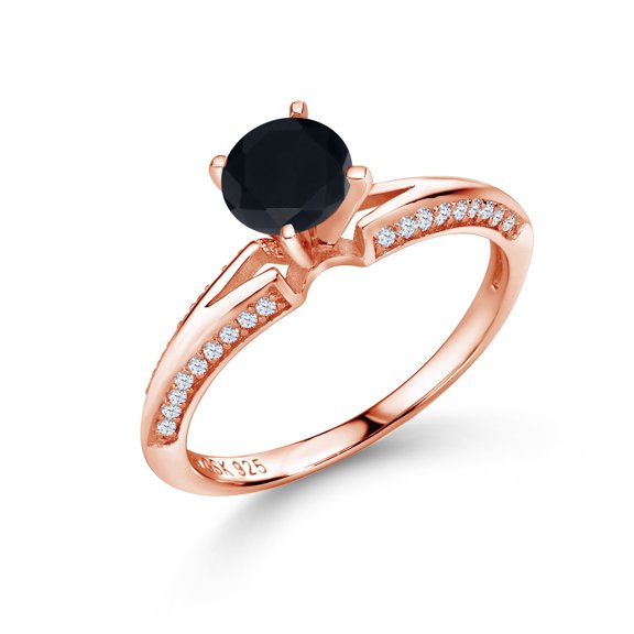 Gem Stone King 18K Rose Gold Plated Silver Round Black Onyx Ring for Women (1.38 Cttw, 6MM Stone, Size 8) (Size 8)