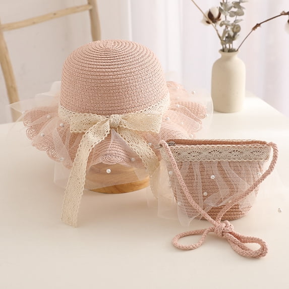 LNMQLPDBS Straw Sun Hat & Shoulder Bag Sets for Kids Summer Straw Hat for Girls Large Brim Beach Hat with Pretty Flower Baby Outdoor Sun Protection Hat Trendy Sunshade Cap for Tourism