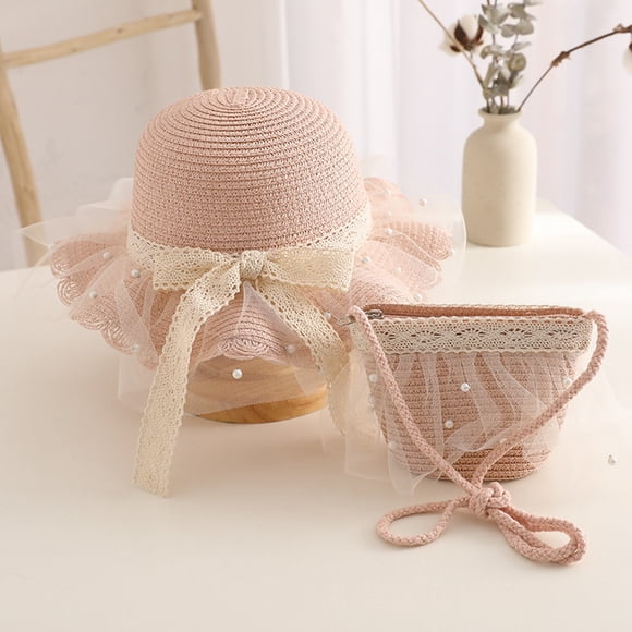 Chapeau de Soleil Floral pour Filles avec Sac de Plage en Paille Accessoire d'Ombrage d'Été pour Jouer en Extérieur