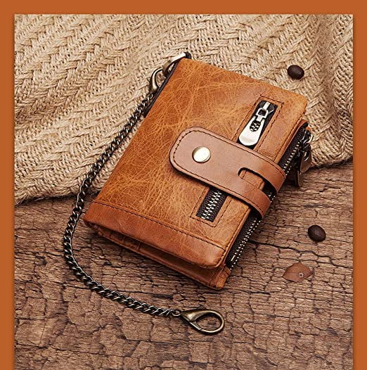 ISamzan Men's RFID Blocking Leather Chain Wallet - Trifold With Zipper Coin Pocket