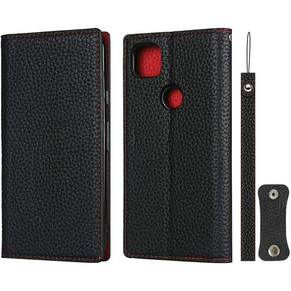 Pixel 4a Genuine Cowhide Leather Wallet Case,Headset Winder,Flip Folio Magnetic Closure,Card Slots,Kickstand,Cash Pockets Wrist Strap Case for Google Pixel 4a,5.81" (4G Version),Black