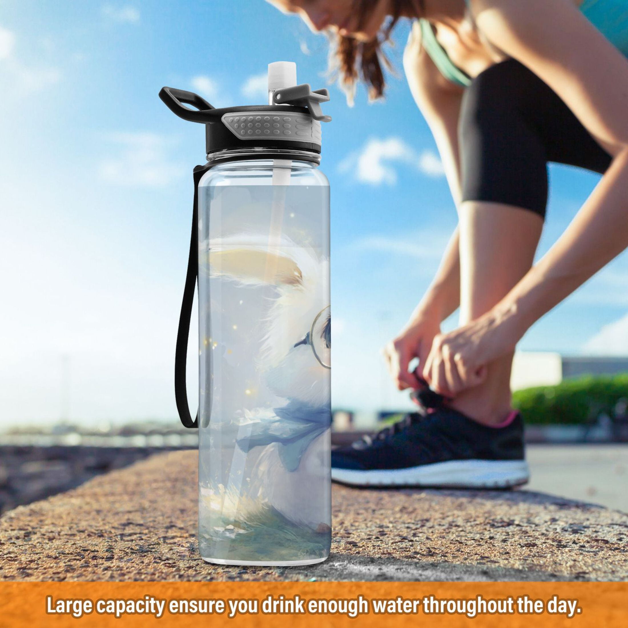 Sports Water Bottle 1000ML Tritan Food Grade Clear Water Bottle Fitness Outdoor Sports Bike Adorable Rabbit with Glasses