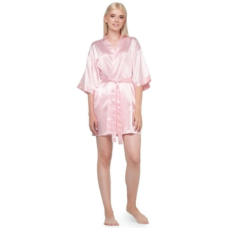 

Turquaz Linen Light Pink Satin Kimono Short Robe