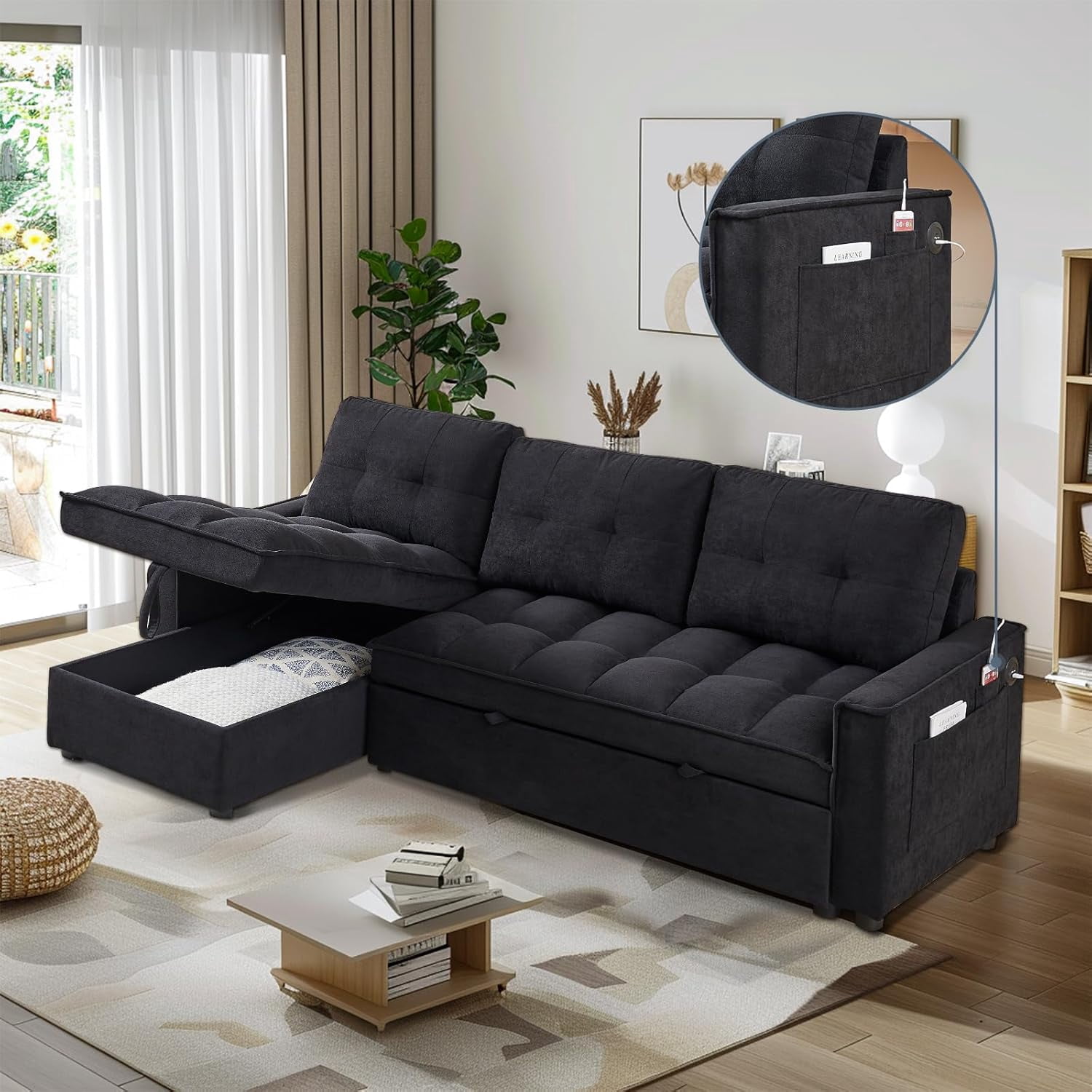AENKYO 78.75" Reclining Sleeper Sofa with Pull-Out Bed and Built-in Charging Station, 3-Seat Sectional Couch with Cup Holders, Black