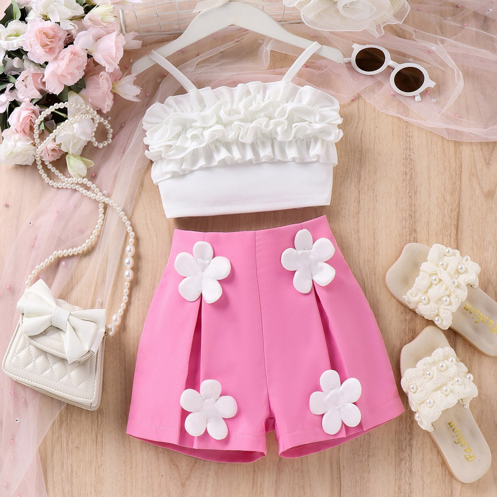 HCNTES Toddler Baby Girl Summer Apparel Embroidered Butterfly Waffle Knit Short Sleeve T - Shirt Tees + Corduroy Shorts Cute Set,4-5 Years Hot Pink