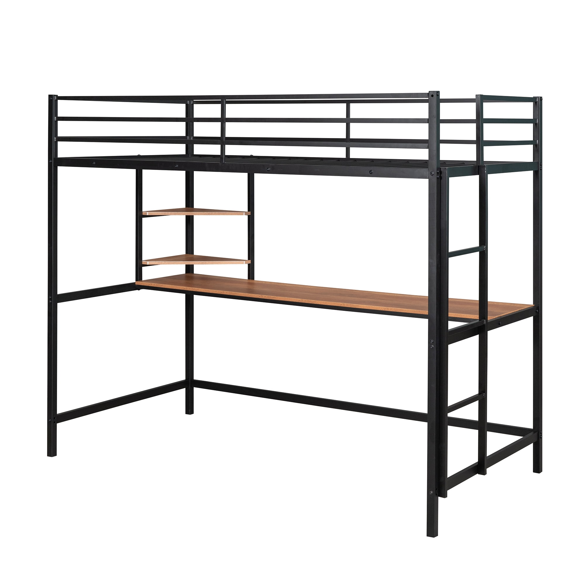 Gewnee Twin Heavy Duty Metal Loft Bed Frame  with Desk and Shelves ,Ladder and Full-Length Guardrail,Black