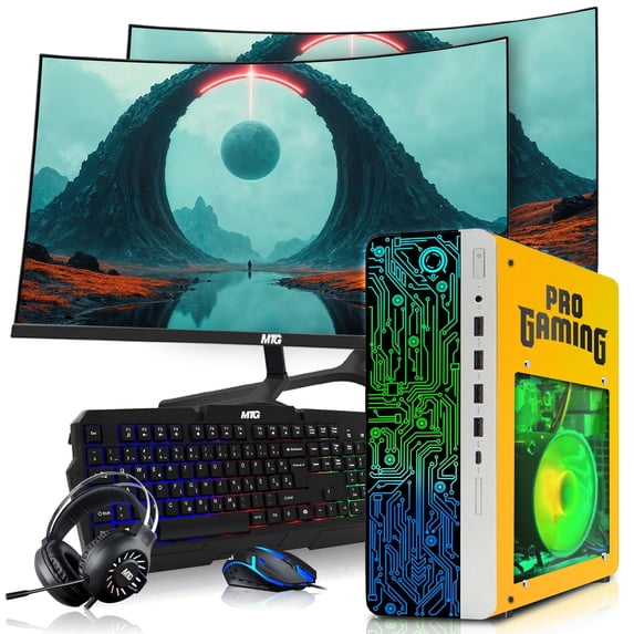 Restored HP G4 Gaming Desktop Computer PC Lambo Intel i5,16GB RAM,256GB SSD OS + 2x500GB HDD,Dual 32 Inch Curve Monitor,GT 730 Graphics,RGB KBM with AI Copilot,WiFi,RGB Headphone,Windows 11