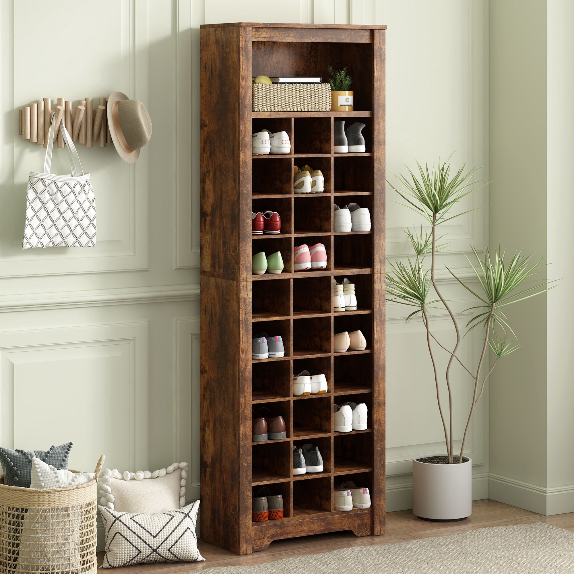 DEALTOPS Modern Freestanding Shoe Cabinet with 30 Square Shoe Compartments, Tall Stylish Shoe Rack with Large Storage Capacity for Entryway - Rustic Brown