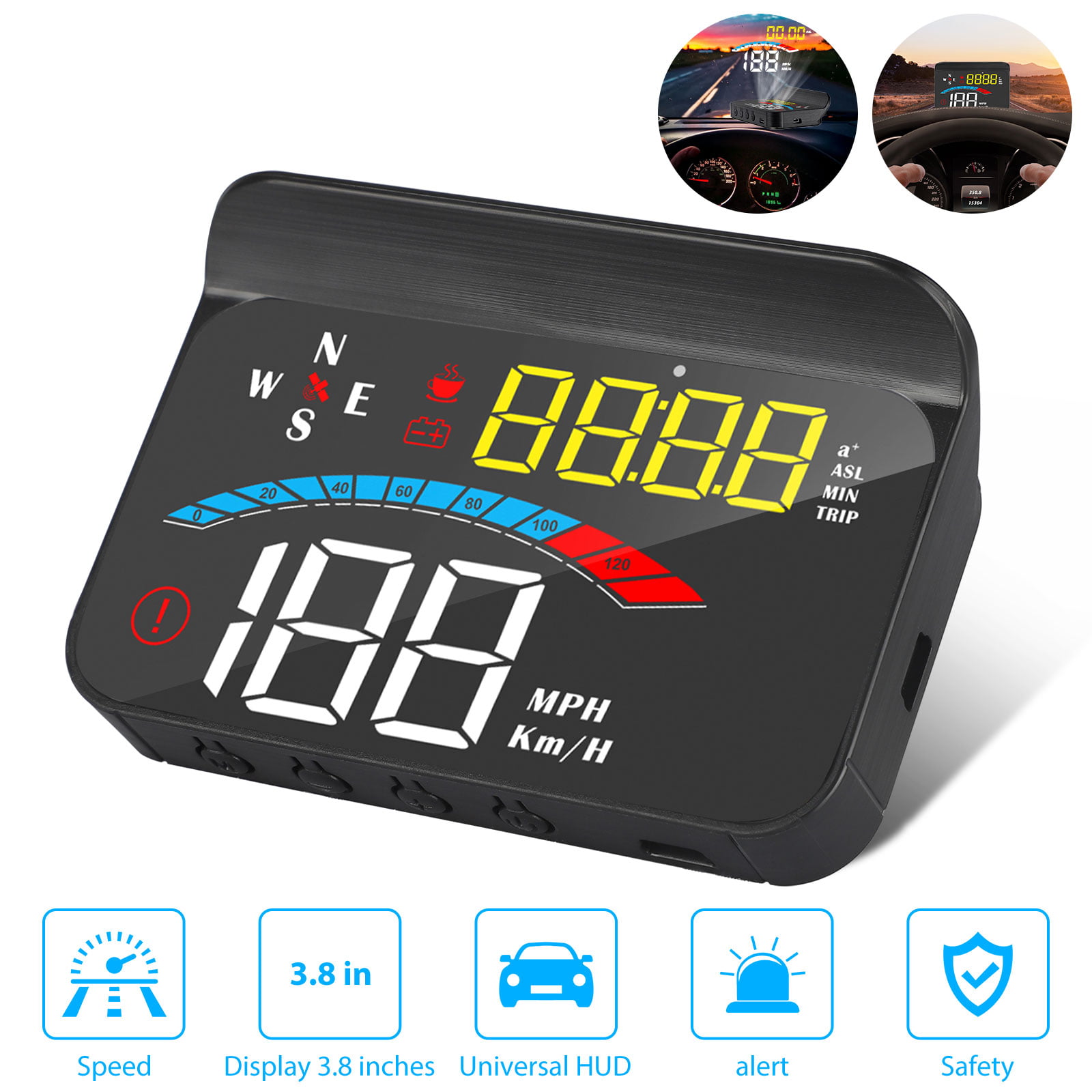 A1 2.0" Car HUD Head Up Display GPS Speedometer KMH MPH Projector Speed Warning 