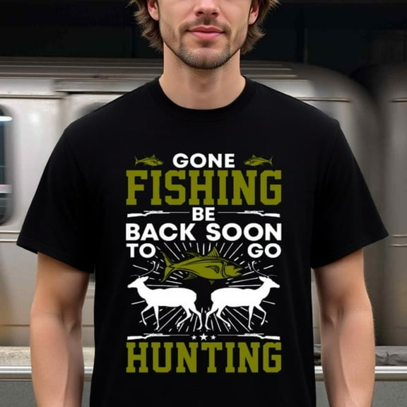 Natee Men's 100% Cotton 180g Heavyweight Hunting & Fishing Graphic T-Shirt - Funny Outdoor Saying "Gone Fishing/Be Back Soon to Go Hunting" with Deer & Fish Design, Casual Crew Neck Short Sleeve Tee