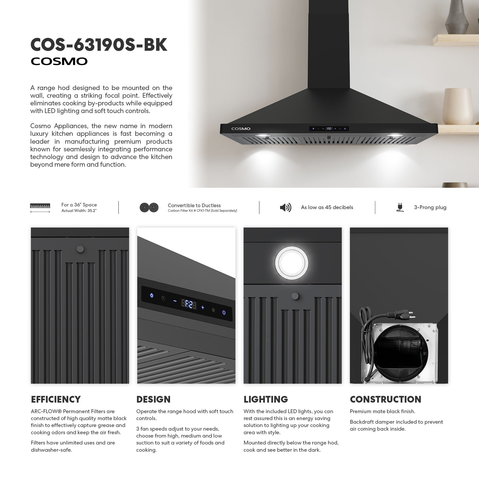 Cosmo 36 in. Vista Collection Ducted Wall Mount Range Hood, Touch Controls, LED Lights, Matte Black