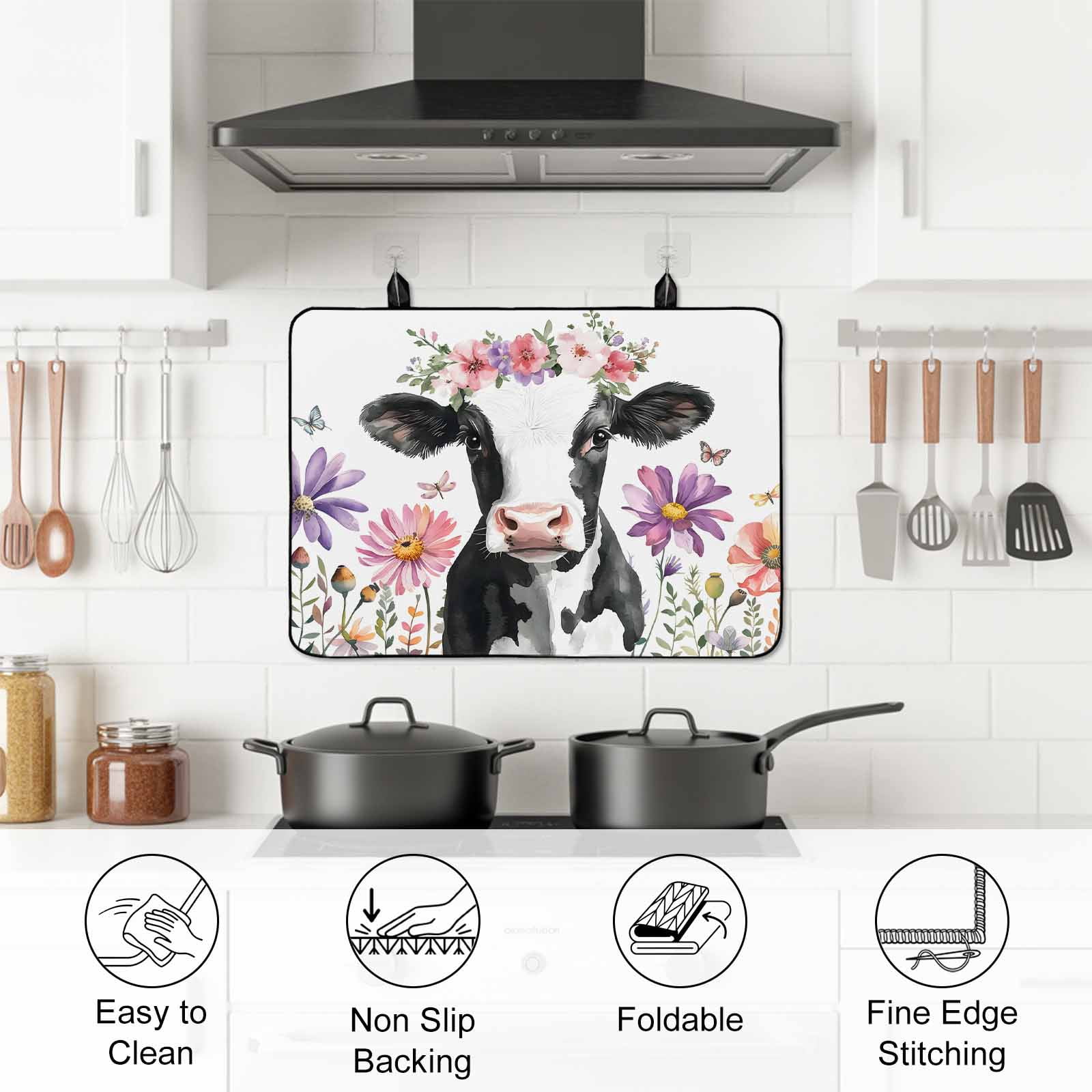 Flowers Cow Stove Top Cover for Electric Stove, Heat-proof & Non Slip Glass Top Stove Cover Protector, Spring Botanical Floral Plants Butterfly Kitchen Flat Cooktop Rubber Mat 24x21 Inches
