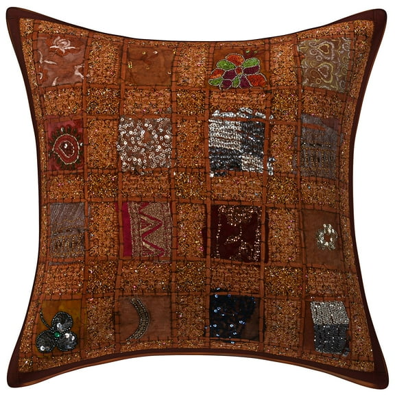 Stylo Culture Indian Settee Sofa Throw Pillow Cover 16 x 16 Patchwork Embroidered Brown Sequins 40x40 cm Home Decor Cotton Geometric Square Cushion Cover | 1 Pc