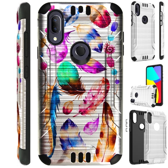Compatible with Cricket Lumos | Alcatel Axel Brushed Metal Texture Hybrid Silver Guard Phone Case Cover (Dreamcatcher Feather)