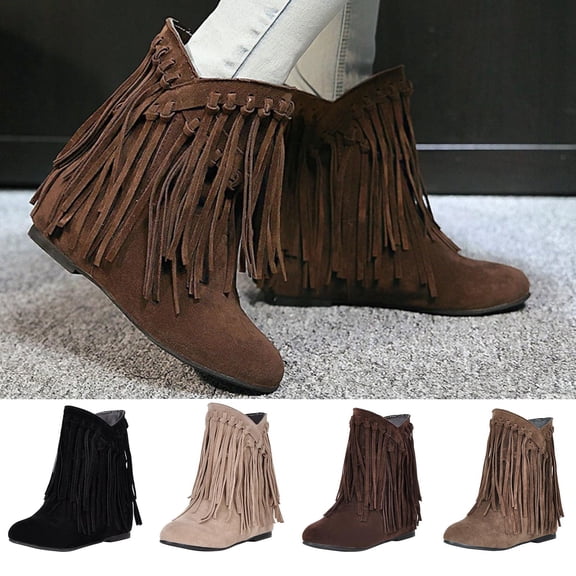 VKEKIEO Cowboy Boots for Women Tassel Peak Toe Ring Mid Heel Booties Fringe Slip-On Brown
