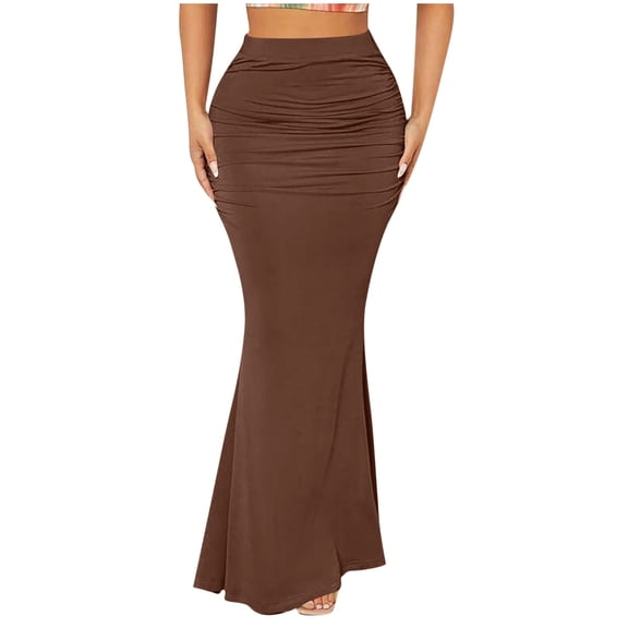 Ahabrexf Long Skirt Elastic Waist with Fold Design Solid Color Flowy Casual Summer