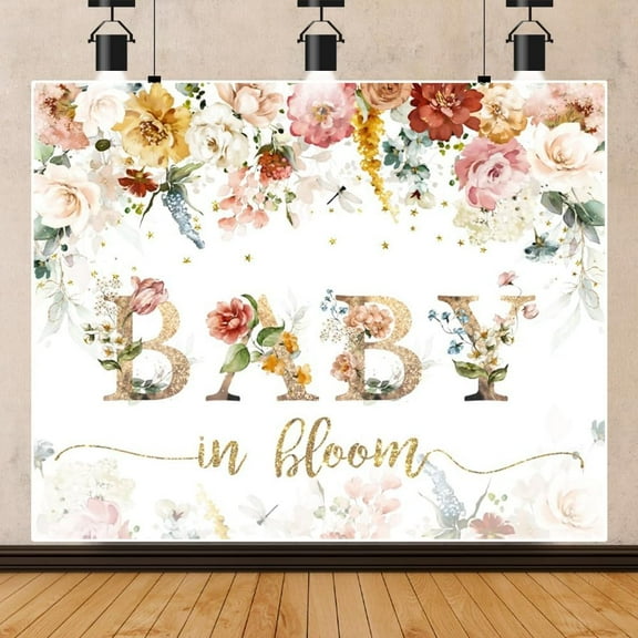 7x5FT Baby in Bloom Backdrop Baby Shower Party Floral Wildflowers Photography Background Baby Shower Cake Table Banner Decoration Photo Booth Studio Props