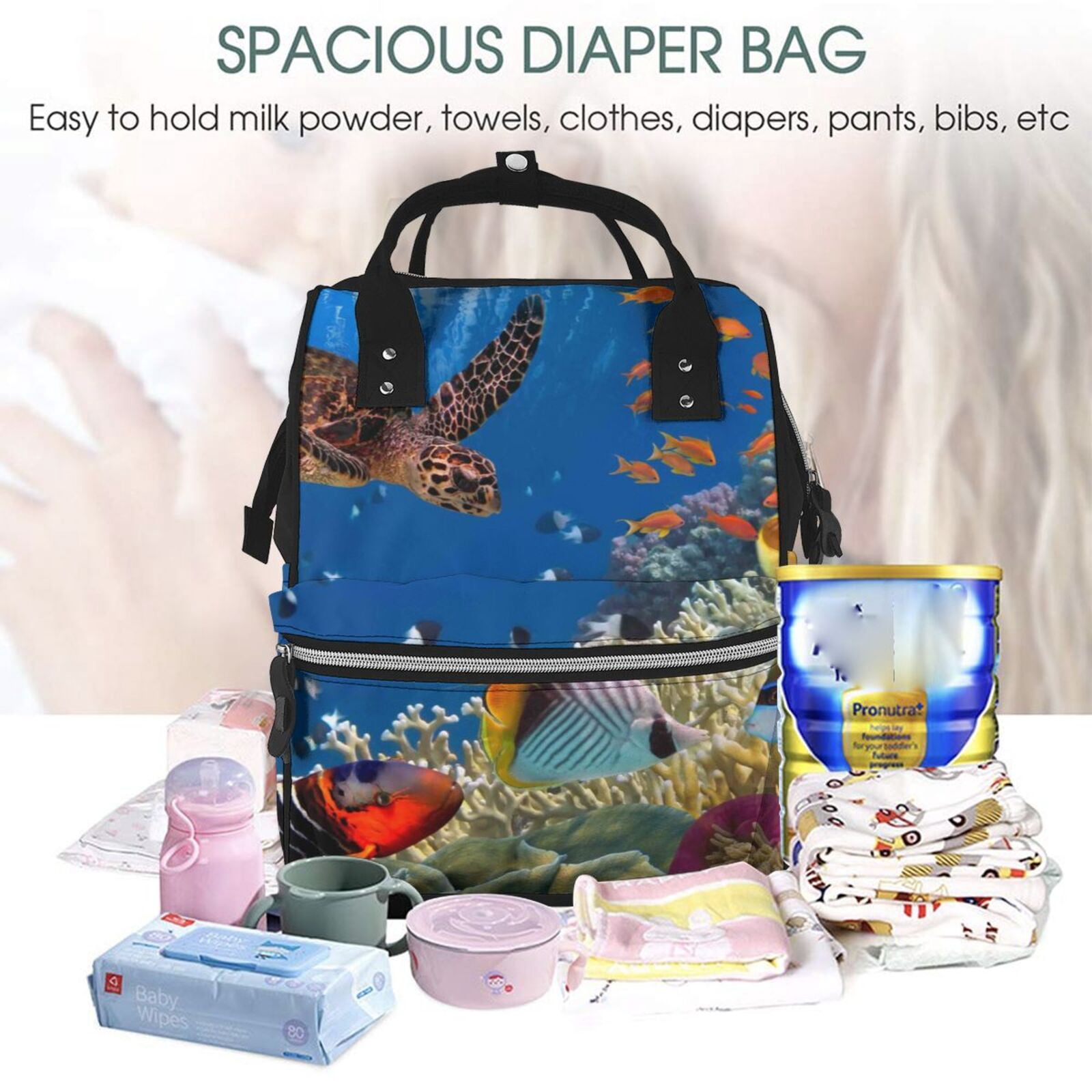 Ratiio Colorful Coral Reef Mummy Backpack - Waterproof Twill Canvas, Large Capacity Diaper Bag with Multiple Pockets and Adjustable Straps