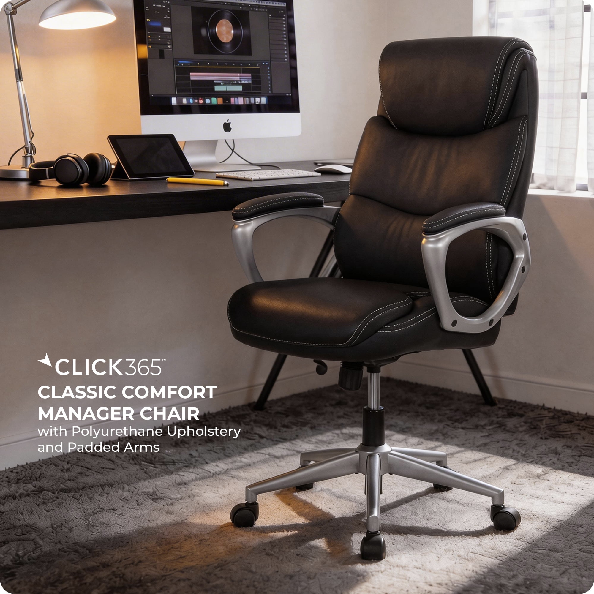 Click365 Classic Comfort Mid-Back Manager Office Chair, PU Leather Desk Chair with Padded Arms, Adjustable Height & Tilt, 275 lb Capacity, Black