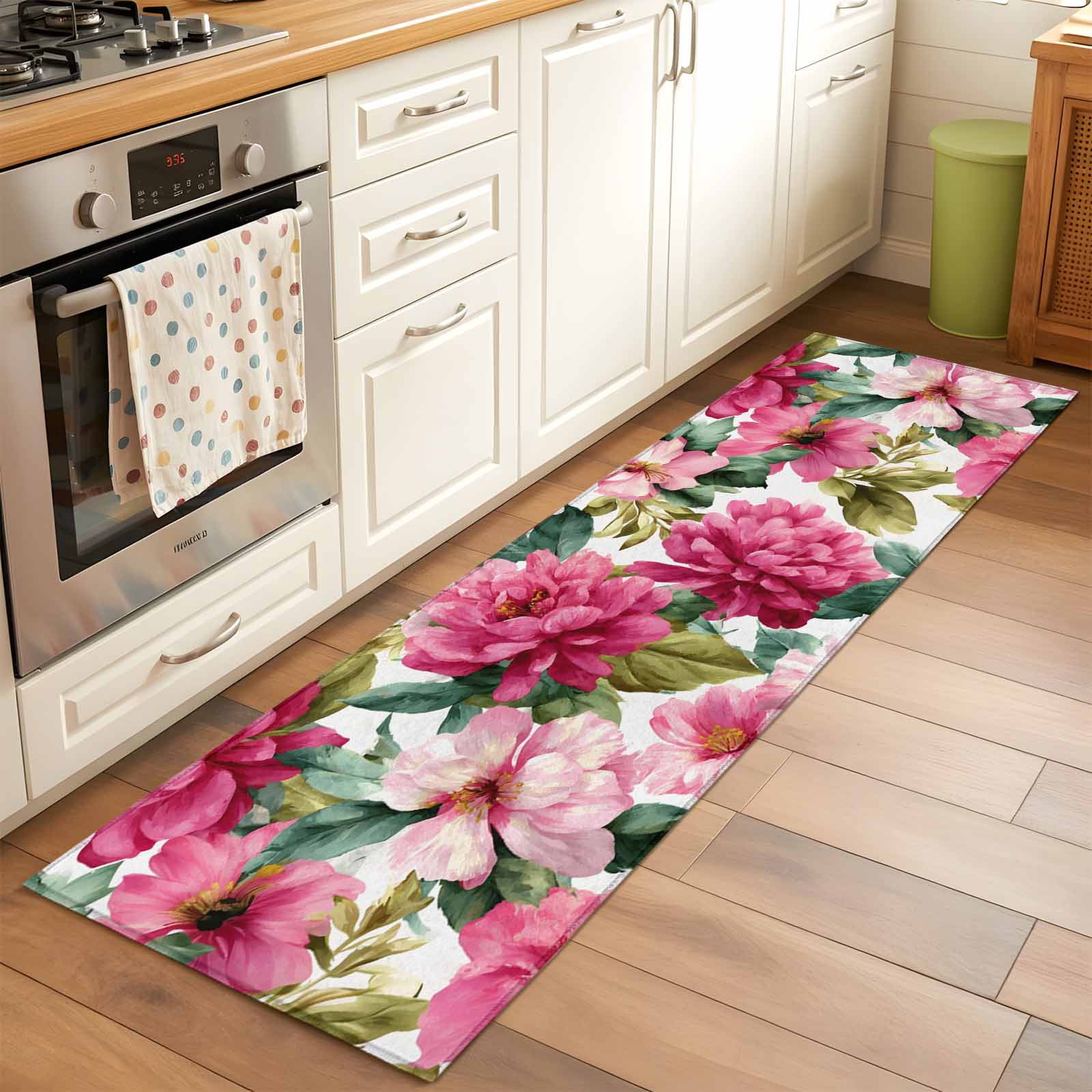 Pink Floral 2'x6' Runner Rugs for Hallway Kitchen Bedside Non Slip Washable, Watercolor Flowers Leaves Plants Watercolor Entryway Rug Runners with Rubber Backing, Long Carpet Runner for Laundry Room