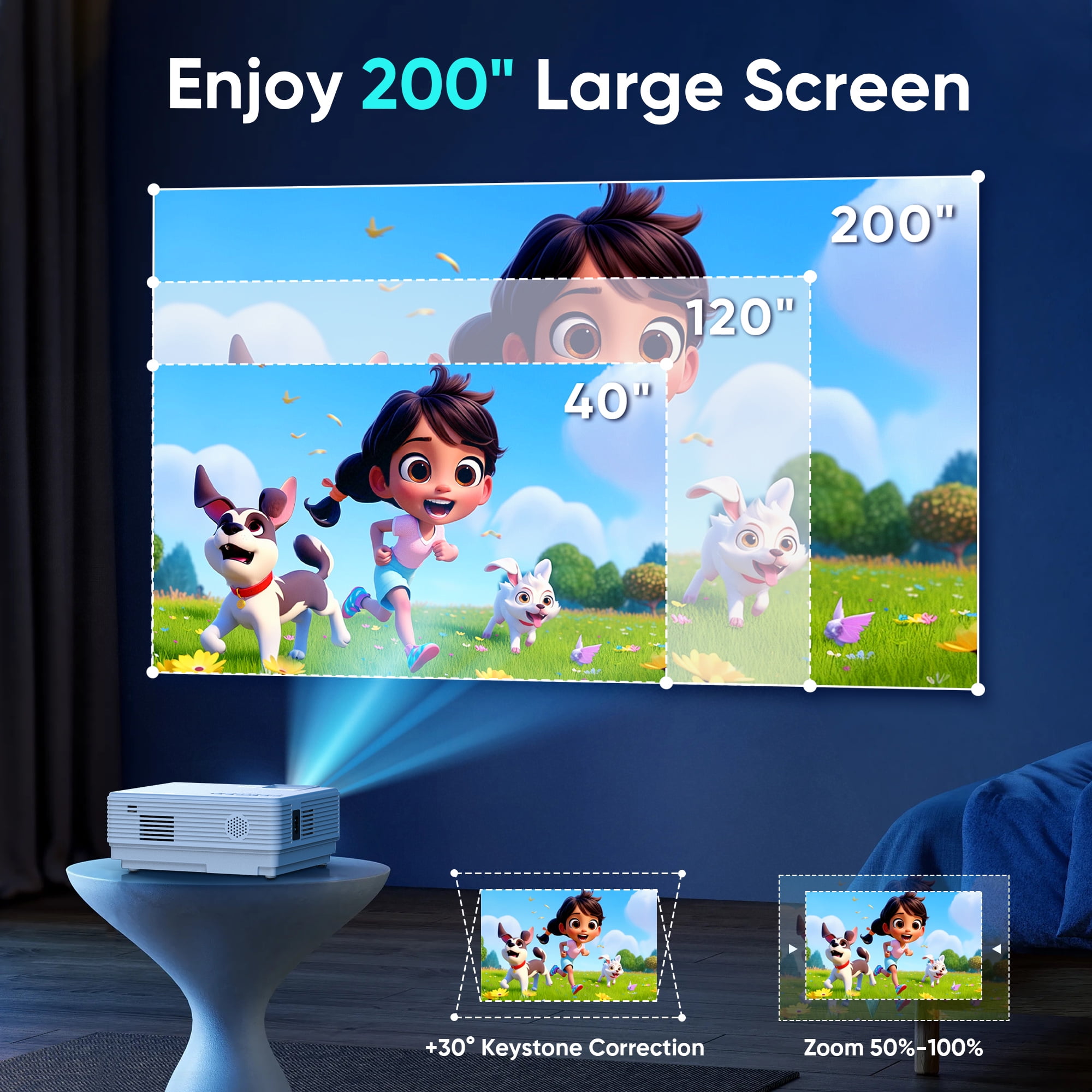 GCZ Projector, 1080P Full HD Portable Projector with Screen, Auto Focus and Keystone, for Home, Bedroom, Outdoor Use
