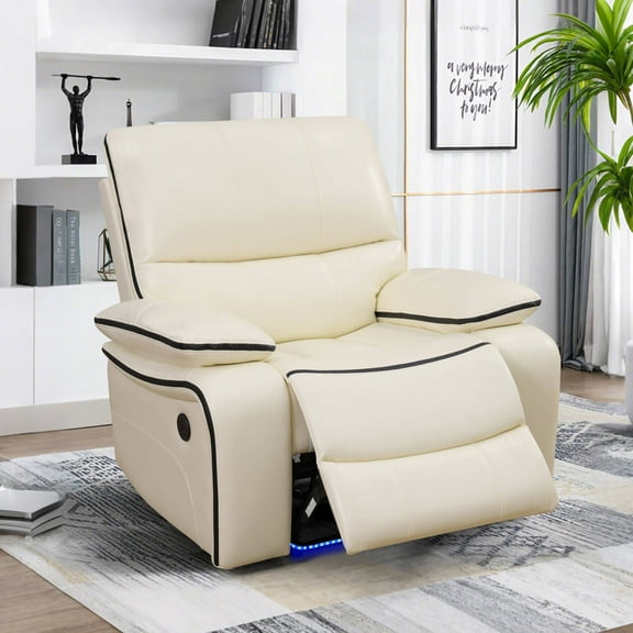 Power Leather Recliner Chair with LED Light for Living Room Recline Home Theater Seat with USB Port , White