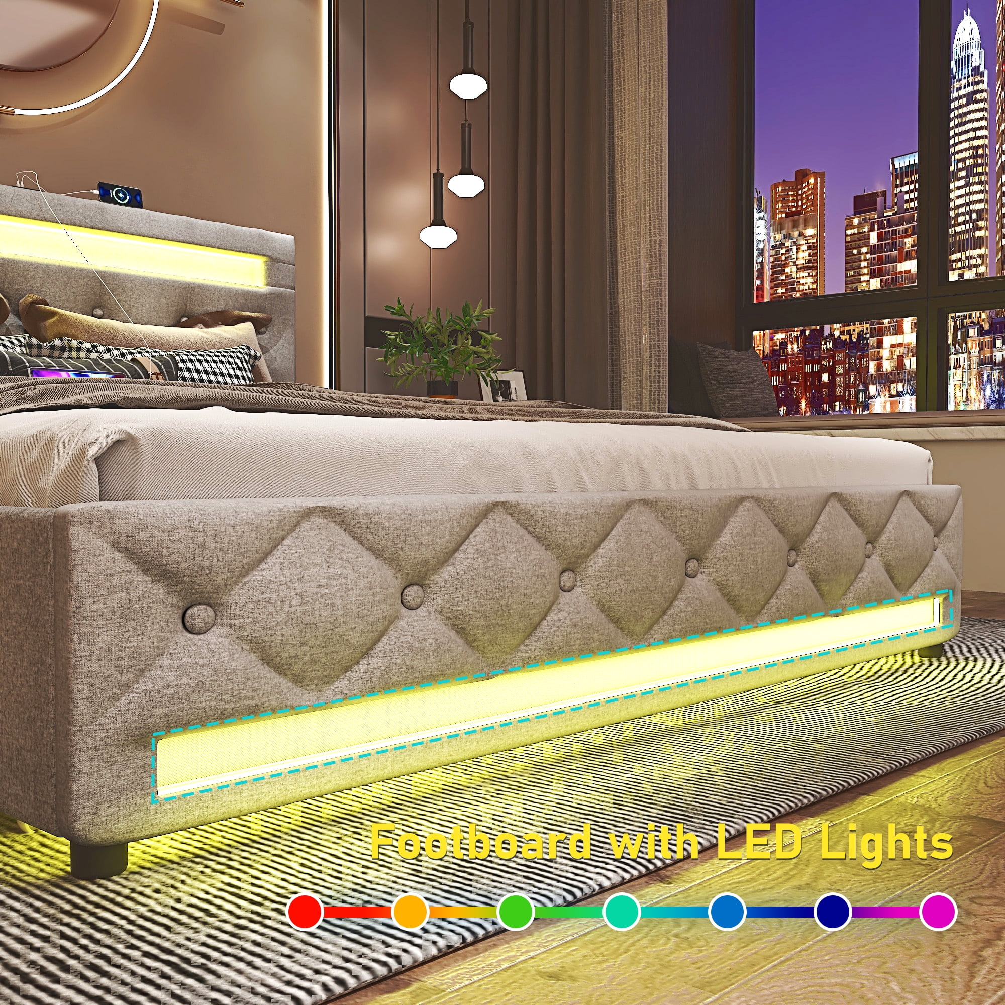 King Size Bed Frame with 4 Storage Drawers and 2 USB Ports, Platform Bed with LED Light, Modern Upholstered Headboard, No Box Spring Needed