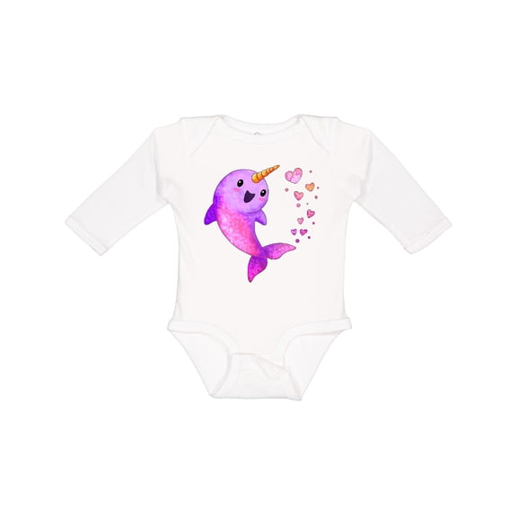 Inktastic Valentine's Day Cute Pink Narwhal with Hearts Boys or Girls Long Sleeve Baby Bodysuit