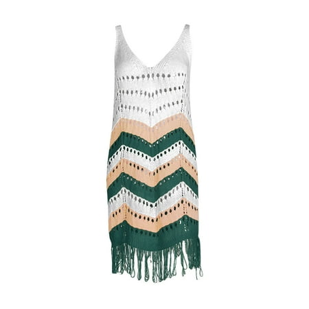Perfectbot Women s Beach Dress Bikini Cover-Up Summer Short Sleeve Tassel Dresses
