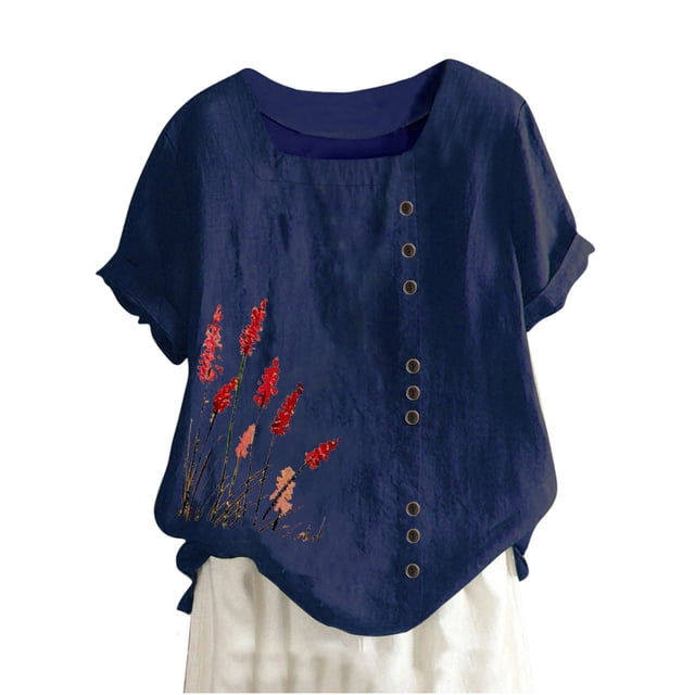 Camisas de Manga Corta para las Mujeres Blusa Suelta de Impresión de Flores de Verano, Camisa para el Hogar Y el Uso Diario