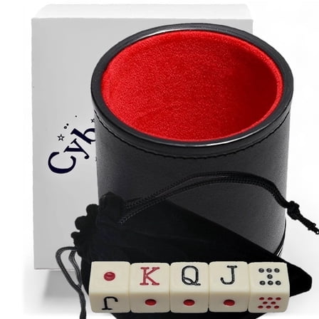 Spanish Dice Cup Deluxe Set, PU Leather Premium Cup with Reinforced Base Trim, Soft Cushioned Felt Lining and Ivory Tone Spanish Poker Dice with Pouch (Gift Boxed) - Cubilete Dados Cubanos Mexicano