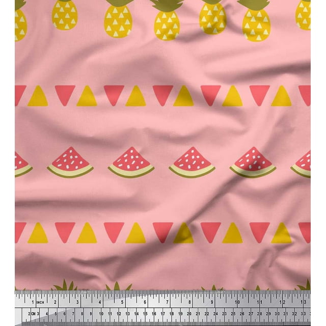 Soimoi Tissu en Poly Georgette Rose Triangle, Imprimés de Fruits Pin & Melon D\'eau au Mètre 52 Pouces de Large