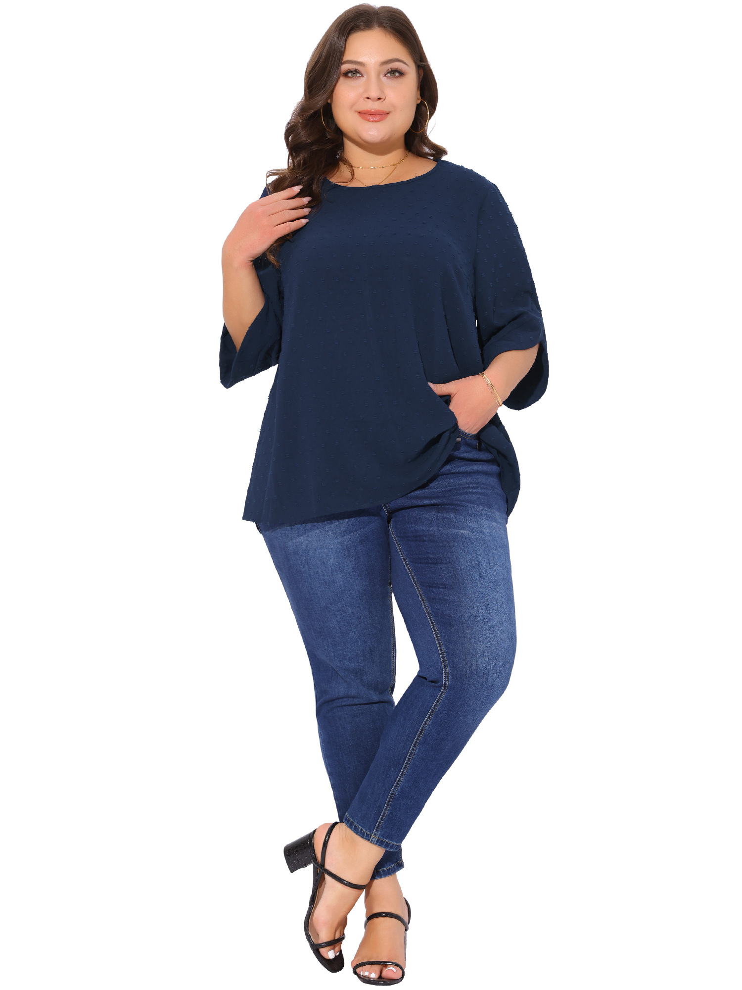 DARING DIVA Women's Plus Petal Sleeve Swiss Dots Blouse T-Shirt Tops 4X Navy Blue