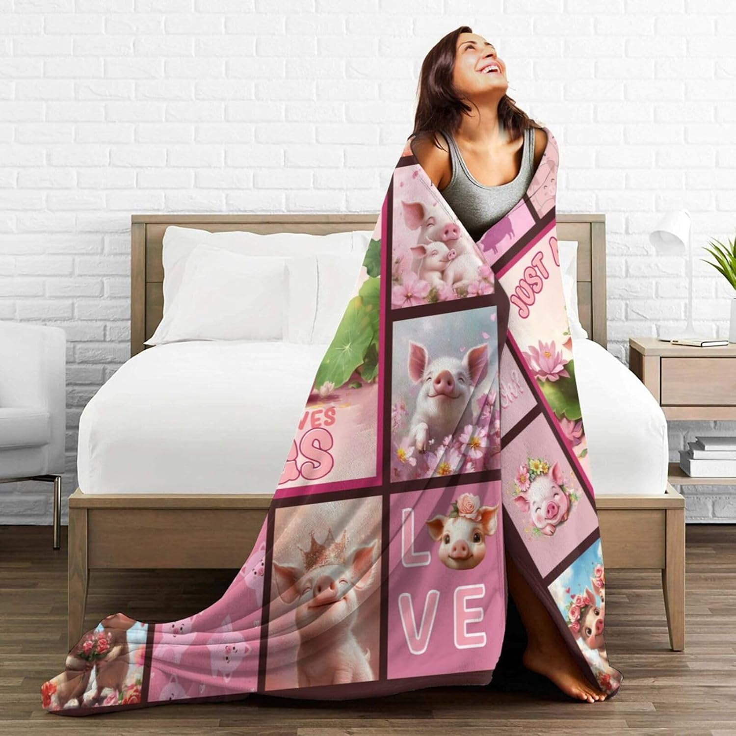 Pink Pig Blanket Who Loves Pigs Blankets for Women Flowers Fleece Cozy Flannel Warm Soft Fuzzy Plush Funny Animal Print for Sofa Bed Decor Gifts for Pig Lovers Users Men Women 80"x60"