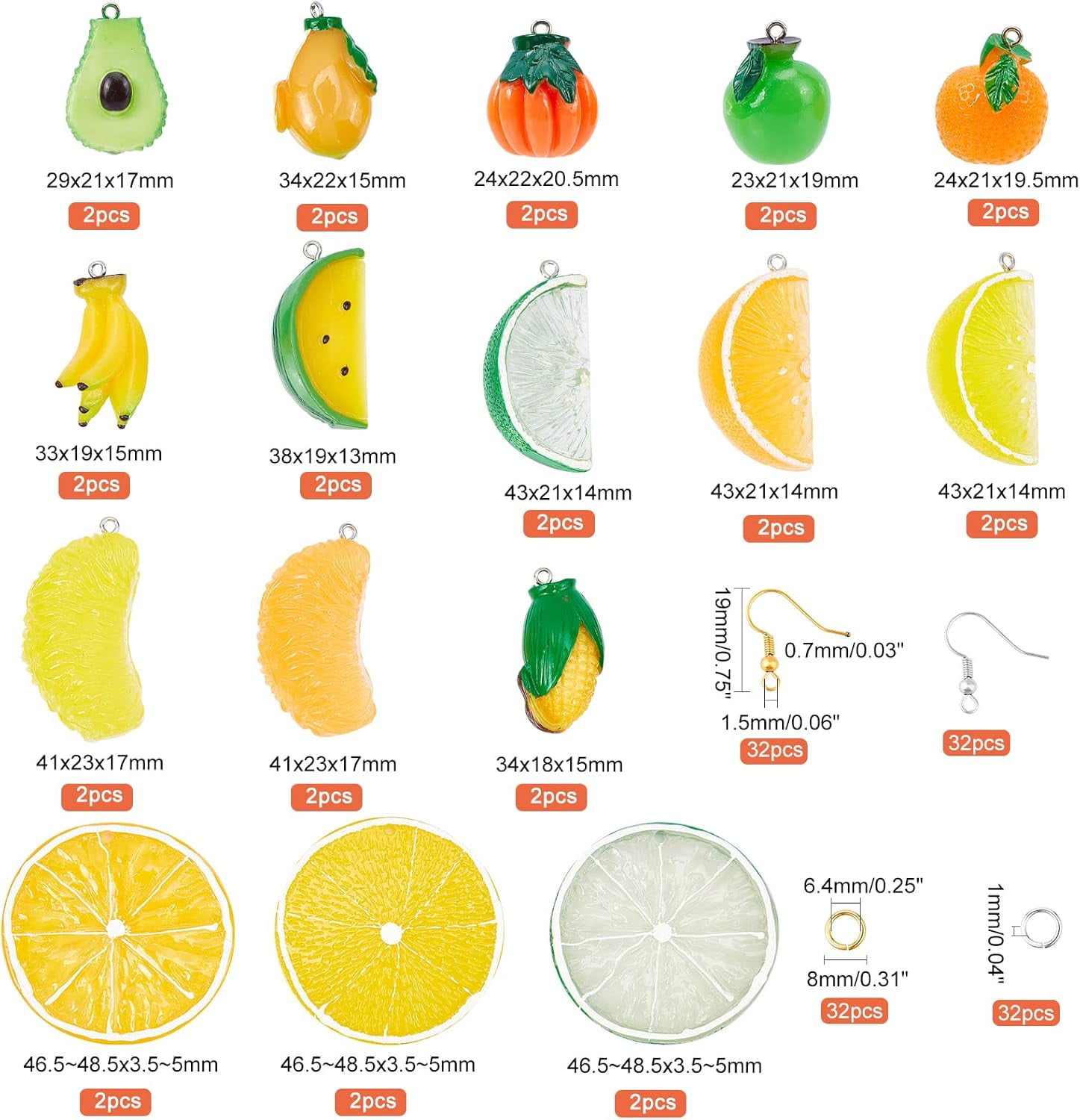 1 Box 32 Pcs Cute Fruit Pendant Charms Fruit Earring Making Kits Includes 10 Styles Fruit Beads 64 Pcs Earring Hooks and 64 Pcs Jump Rings for Earring Making
