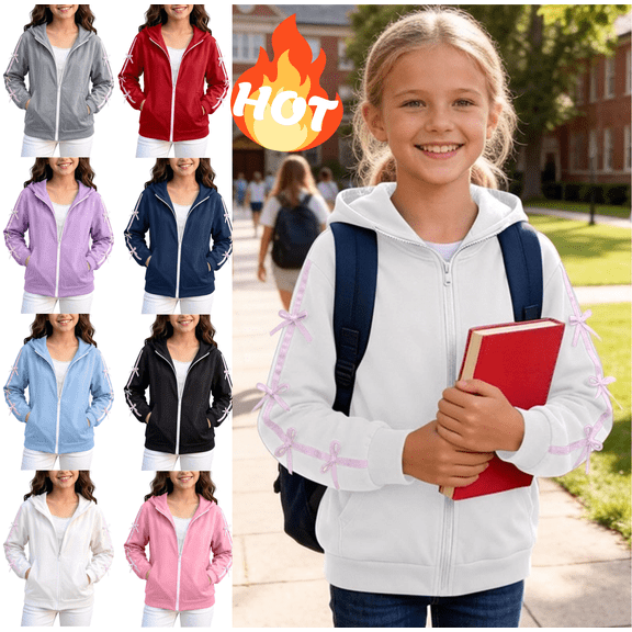 Mifsaly Kids Girls Hoodie Long Sleeve Zip Up Hooded Sweatshirt with Cute Bow Details and Pockets School Sports Play Casual Warm Coats