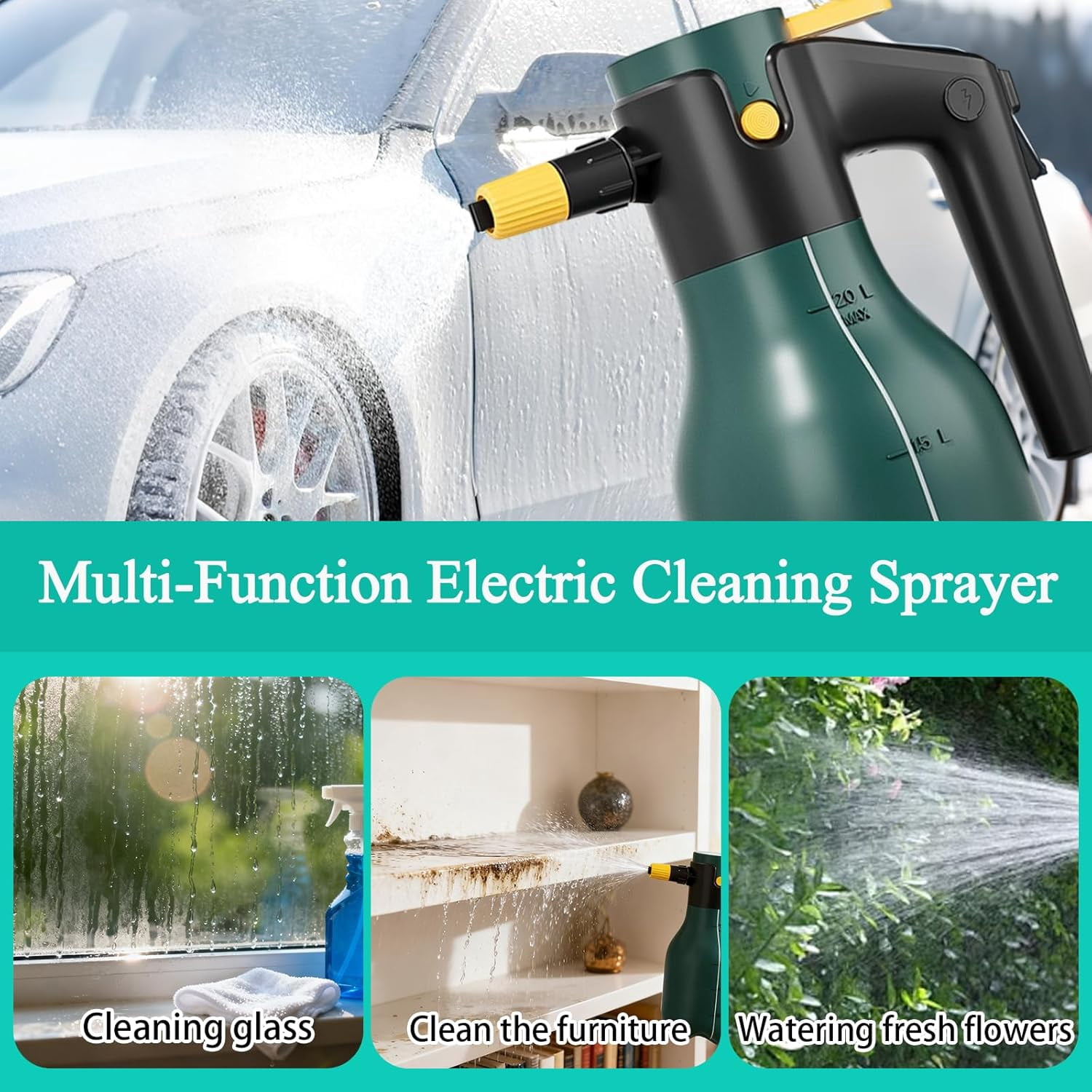 JJEAN-Electric Pressurized Foam Sprayer, 2L Cordless Pump Sprayer with One-Touch Lock, Portable Foam Sprayer for Car Wash, Auto Detailing, House & Pet Cleaning