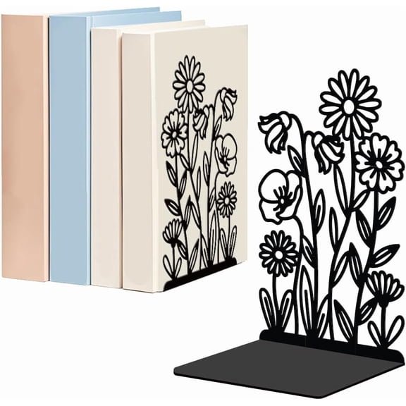 1 Pair Wildflowers Metal Bookends for Shelves Decorative Daisies Flowers Heavy Duty Metal Decorative Book Ends Non-Skid Black L-Shaped
