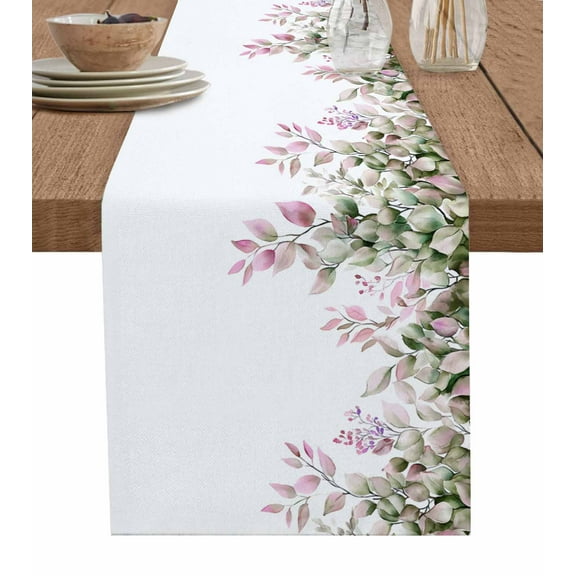 Pink Green Eucalyptus Burlap Cotton Table Runner 14x72 Inches Long, Spring Leaves Watercolor Fruit Farmhouse Table Runners, Outdoor Dining Tablecloths Decor for Baby Shower/Party/Wedding