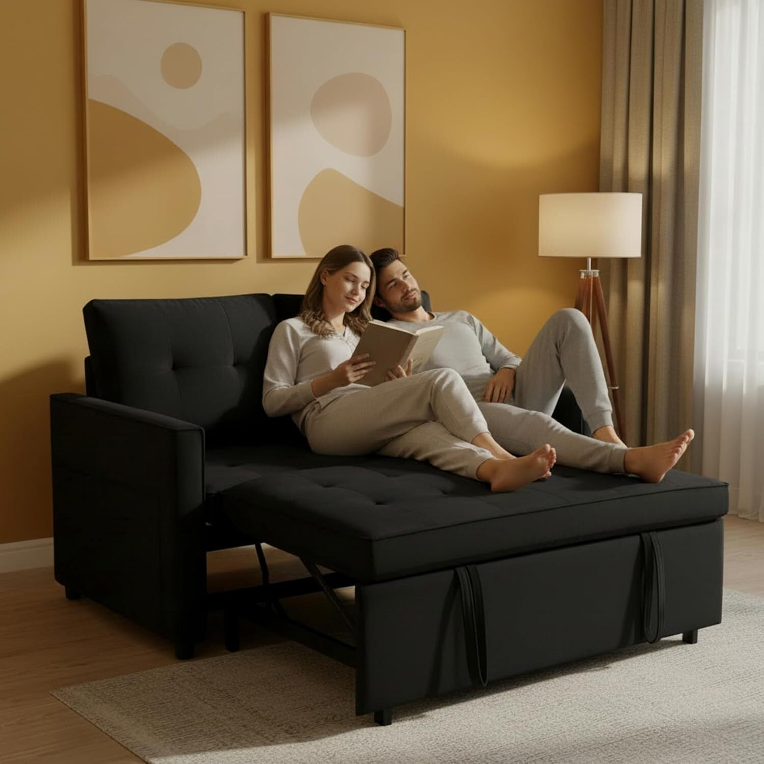 avobird 3 in 1 Convertible Sleeper Futon Sofa Bed, 55" Pull Out Sofa Bed with Storage Pocket/Side Pocket/2 Pillows for Living Room, Black