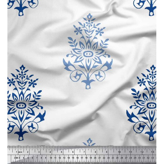 Soimoi Cotton Duck Fabric Leaves & Floral Block Print Fabric by Yard 42 Inch Wide