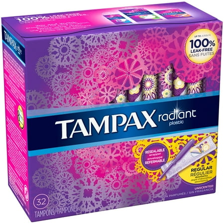Tampax Radiant Plastic Unscented Regular Absorbent Tampons 32 Count