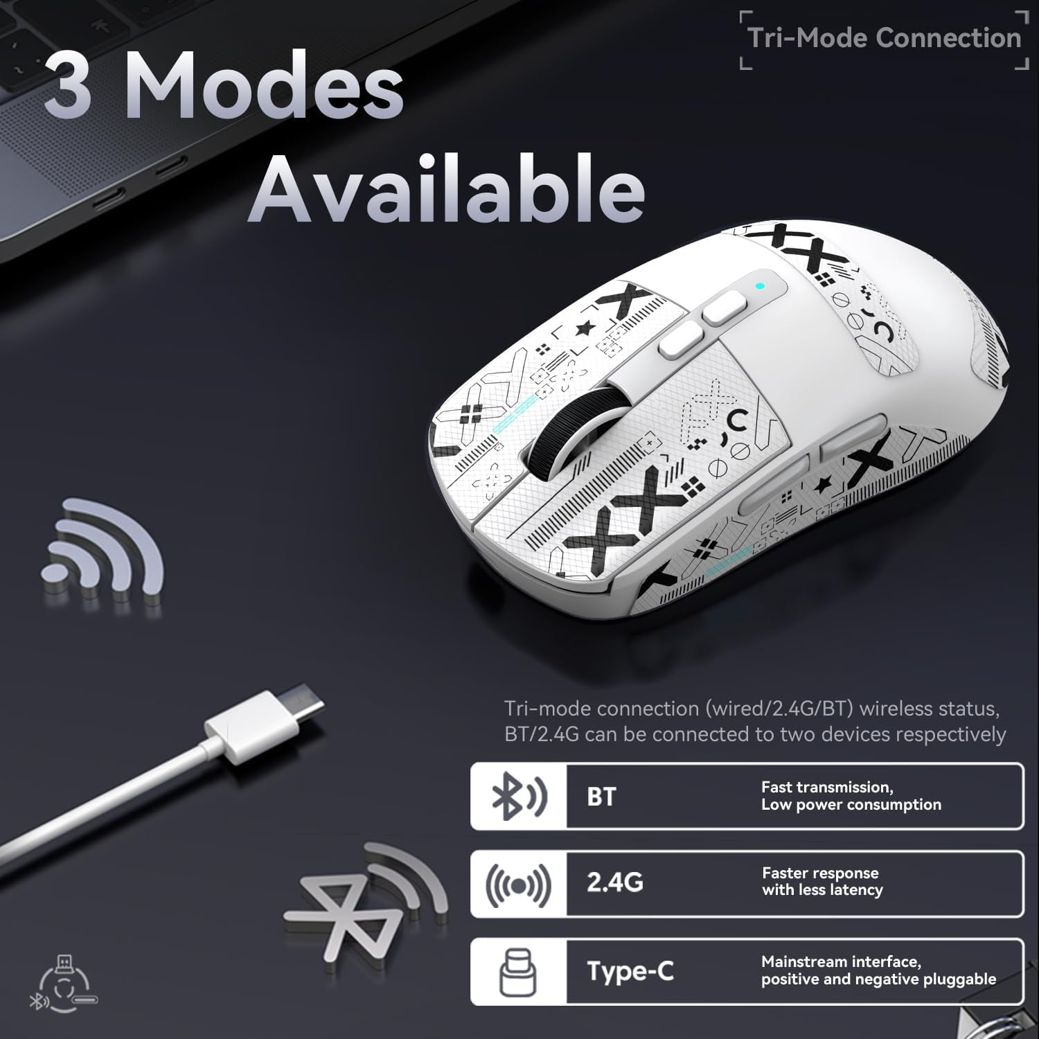 ATTACK SHARK X6 49g SUPERLIGHT Mouse, PixArt PAW3395 Gaming Sensor, BT/2.4G Wireless/Wired Gaming Mouse, 6 Adjustable DPI up to 26000, 200 Hrs Battery, G502, Office Mice for Win11/Xbox/PS/Mac (White)